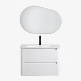Badkamermeubelset In Hout Met Geïntegreerde Wastafel Egerton Wit & Ovaal Led En Anticondens 100x65 Cm Meunier & Zwart ↑20 - Sklum