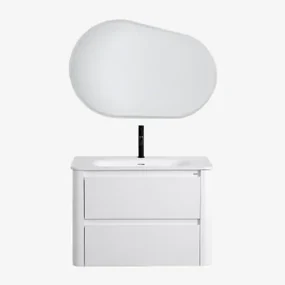 Badkamermeubelset In Hout Met Geïntegreerde Wastafel Egerton Wit & Ovaal Led En Anticondens 100x65 Cm Meunier & Zwart ↑20 - Sklum