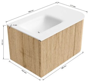 Mondiaz Kurve 75cm badmeubel ronding rechts oak met 1 lade en deur en wastafel grunne links zonder kraangat