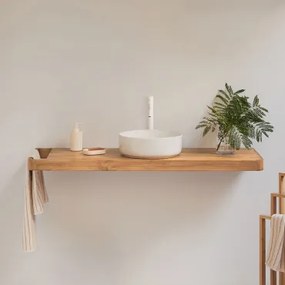 Conjunto Van Meubel 130x45 Cm Hangend In Teakhout Neill Teakhout & Rond Keramiek Wit Ø40 Cm Lenka & Spiegelloze & Wit ↑30 Cm Met Aftapkraan Zonder Ove