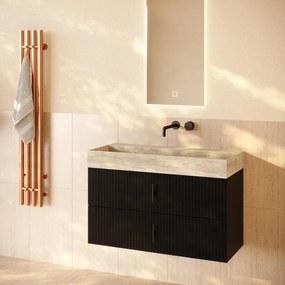 Muebles Murcia badmeubel ribbelfront 100cm zwart mat met White Travertin wastafel zonder kraangat