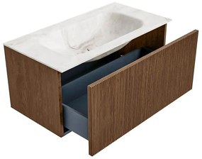 Mondiaz Kurve-dlux 90cm badmeubel walnut met 1 lade en wastafel big small midden 1 kraangat frappe