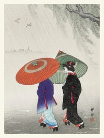 Kunstdruk Geisha in the Rain / Wearing Traditional Kimono (Japandi Vintage) - Ohara Koson, (30 x 40 cm)