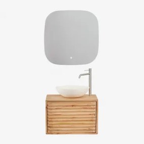Deleyna Zwevend Houten Badkamermeubelset Natuurlijk Hout & Rond Cement Wit Ø40 Cm Zavion & Vierkant Led En Anticondens 75x75 Cm Riben & - Sklum