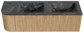 Mondiaz Kurve-dlux 145cm badmeubel ronding links oak met 1 lade en deur en wastafel leaf dubbel/rechts zonder kraangat lava