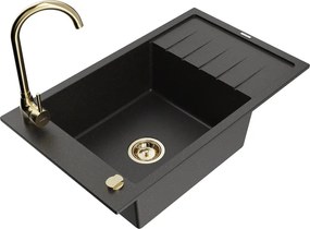 Mexen Elias granitische spoelbak met 1 bak en afdruiprek en keukenmengkraan Telma, zwart/goud - 6511-75-670200-50