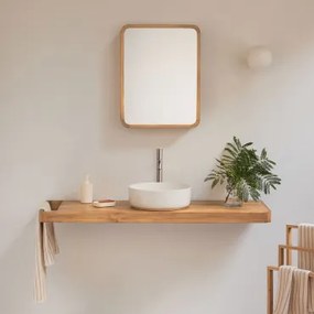 Conjunto Van Meubel 130x45 Cm Hangend In Teakhout Neill Teakhout & Rond Keramiek Wit Ø40 Cm Lenka & Rechthoekig Met Afgeronde Hoeken En - Sklum