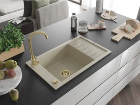 Mexen Elias granieten spoelbak met 1 kom en afdruiprek 795 x 480 mm, beige, gouden sifon - 6511791005-69-G