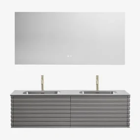 Noura Houten Badkamermeubelset Met Geïntegreerde Wastafels Grijs – Nikkel & Rectangular Led And Antifog 160x75 Cm Jorvi & 2 - Sklum