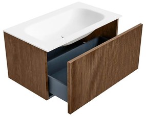 Mondiaz Kurve 80cm badmeubel walnut met 1 lade en wastafel big small midden 1 kraangat