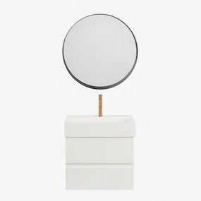 Ona Zwevend Badkamermeubelset Van Hout En Essenfineer Met Geïntegreerde Wastafel Wit & Round Led And Antifog Zwart Ø80 Cm Kimacs - Sklum