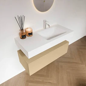Zaro Alan badmeubel 100cm sand met 1 lade en vrijhangende wastafel rechts met kraangat wit mat