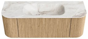Mondiaz Kurve-dlux 130cm badmeubel ronding links/rechts oak met 1 lade en 2 deuren en wastafel big small midden 1 kraangat frappe