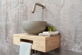 Saniclear Seba fonteinset met eiken plank, grijze terrazzo waskom en RVS kraan voor in het toilet