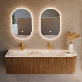 Mondiaz Kurve-dlux 155cm badmeubel ronding rechts dusk met 2 lades en 1 deur en wastafel leaf dubbel/links 2 kraangaten frappe
