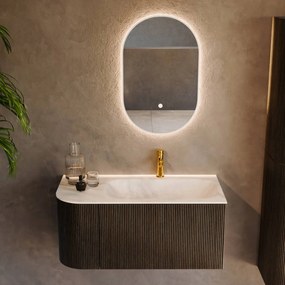 Mondiaz Kurve-dlux 95cm badmeubel ronding links shadow met 1 lade en deur en wastafel big small kraangat rechts ostra