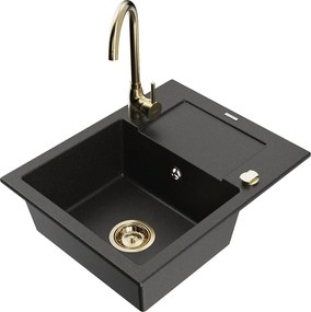 Mexen Enzo 1-komorige granieten gootsteen met afdruiprek en keukenkraan Telma, zwart/goud - 6506-75-670200-50