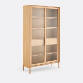 Vitrinekast van eikenfineer, poten van massief essenhout, 2 deuren en 2 laden, ELINA