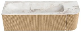 Mondiaz Kurve-dlux 145cm badmeubel ronding rechts oak met 1 lade en deur en wastafel big large links 2 kraangaten frappe