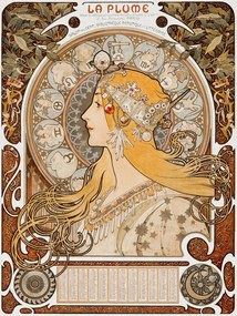 Kunstreproductie La Plume, Female Portrait (Vintage Art Nouveau Lady in Gold) - Alphonse / Alfons Mucha