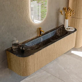 Mondiaz Kurve-dlux 170cm badmeubel ronding links/rechts oak met 1 lade en 2 deuren en wastafel big large midden 1 kraangat lava