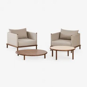 Woonkamerset Met 2 Fauteuils En 2 Ronde Salontafels Van Acaciahout Olivia Donker Acaciabruin & Donker Acaciabruin - Beige - Semoline - Sklum