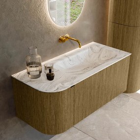 Mondiaz Kurve-dlux 105cm badmeubel ronding links dusk met 1 lade en deur en wastafel big small rechts zonder kraangat glace