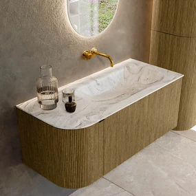 Mondiaz Kurve-dlux 105cm badmeubel ronding links dusk met 1 lade en deur en wastafel big small rechts zonder kraangat glace
