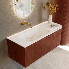 Mondiaz Kurve-dlux 115cm badmeubel ronding rechts ruby met 1 lade en deur en wastafel big small links zonder kraangat frappe