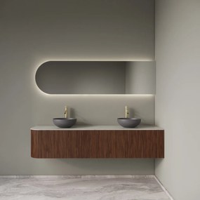 Gliss Design Alluro badmeubel ribbelfront met ronding links 180cm walnut en wit marmer toppaneel