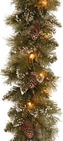 Verlichte guirlande "Glittery Bristle" - groen - L274 x diameter 25 cm - 50 warm witte ledlampjes - met sneeuw, dennenappels & glitter