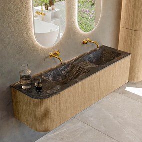 Mondiaz Kurve-dlux 155cm badmeubel ronding links oak met 2 lades en 1 deur en wastafel leaf dubbel/rechts zonder kraangat lava