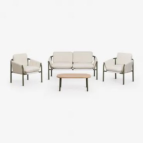 Tuinset Met 2-zitsbank, 2 Gestoffeerde Fauteuils En Salontafel Van Zunika-staal Groen – Intens Olijf - Sklum