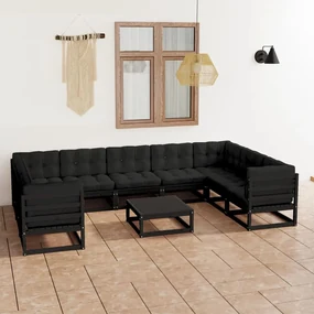 vidaXL 10-delige Loungeset met kussens massief grenenhout zwart