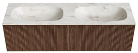 Mondiaz Kurve-dlux 150cm badmeubel walnut met 2 lades en wastafel stor small dubbel 2 kraangaten ostra