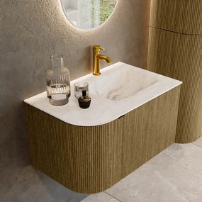Mondiaz Kurve-dlux 75cm badmeubel ronding links dusk met 1 lade en deur en wastafel grunne kraangat rechts frappe