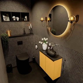 Mondiaz Fowy toiletmeubel 60cm ocher met zwarte waskom rechts zonder kraangat