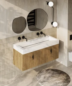 Muebles Calas badmeubel ribbelfront 120cm warm eiken met solid surface wastafel zonder kraangaten