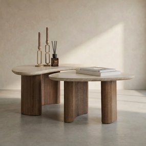 Salontafelset Organisch Hout En Travertin - 88 X 84cm.