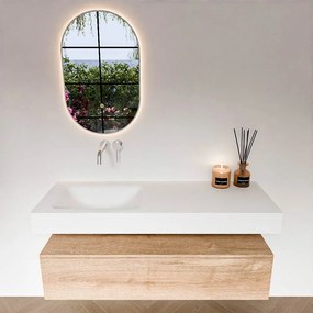 Zaro Alan badmeubel 130cm washed oak 1 lade met vrijhangende wastafel cloud links zonder kraangat talc
