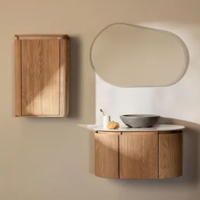 Carsone Houten Badkamermeubelset Natuurlijk Hout & Natuurlijk Hout & Rond Grijs Cement Ø40 Cm Tarsis & Ovaal Led En Anticondens 100x80 Cm Riben -