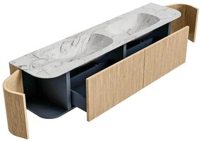 Mondiaz Kurve-dlux 190cm badmeubel ronding links/rechts oak met 2 lades en deuren en wastafel stor small dubbel zonder kraangat glace