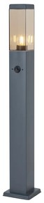 Buitenlamp antraciet met smoke glas 80cm IP44 met stopcontact en bewegingssensor - Malios Modern E27 IP44 Buitenverlichting