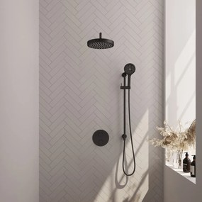 Brauer Stripe inbouw regendouche rond met 25cm hoofddouche, rond met gebogen muurarm, glijstang en 3 standen handdouche set 47 zwart mat