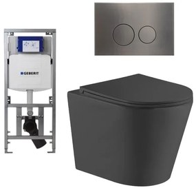 QeramiQ Dely Toiletset - 36.3x51.7cm - diepspoel - rimless - Geberit UP320 Burda inbouwreservoir - softclose toiletzitting - gunmetal bedieningsplaat - ronde knoppen - zwart mat SW1026253/0701131/SW706198/SW1000768