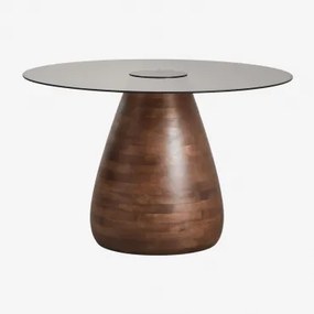 Ronde Eettafel Ø130 Cm In Gehard Glas Mariana Donker Handvat Hout - Sklum