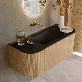 Mondiaz Kurve 110cm badmeubel ronding links/rechts oak met 1 lade en 2 deuren en wastafel cloud midden zonder kraangat urban