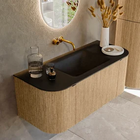 Mondiaz Kurve 110cm badmeubel ronding links/rechts oak met 1 lade en 2 deuren en wastafel cloud midden zonder kraangat urban