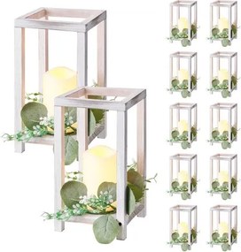 VEVOR 12-delige set, houten lantaarns, inclusief 12 houten lantaarnkaarshouders, 12 vlamloze LED-kaarsen en 12 eucalyptusbladkransen voor bruiloftstafels, feesten en boerderijdecoratie, wit