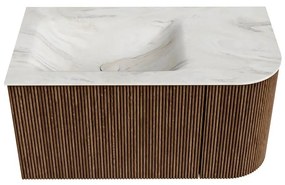 Mondiaz Kurve-dlux 85cm badmeubel ronding rechts walnut met 1 lade en deur en wastafel cloud links zonder kraangat ostra